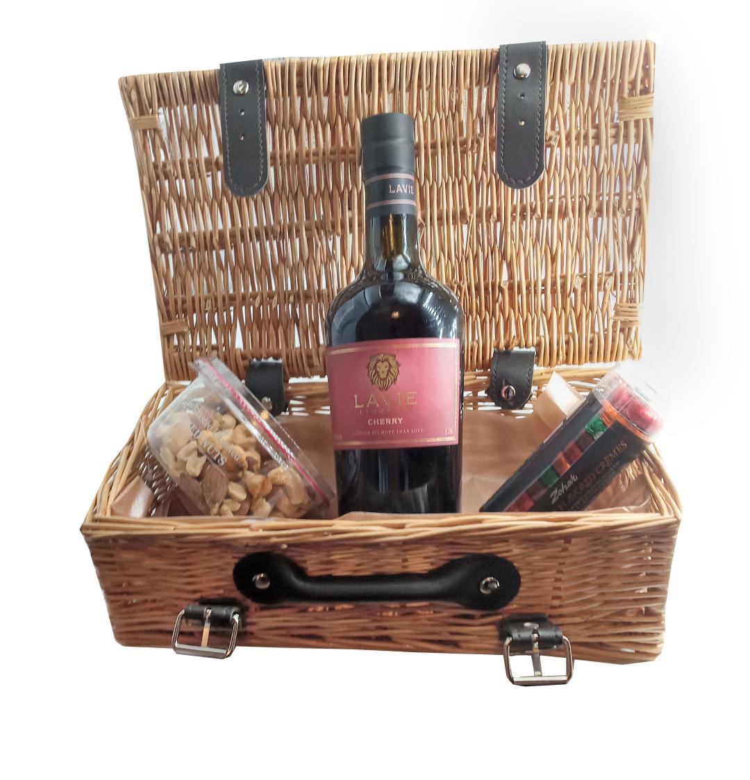 Food Hamper With LAVIE Cherry Liqueur In A Wicker Hamper With Assorted Nuts And Cremes. Gluten-Free & Vegan. Ideal For Purim And for Any Occasion. Gift Wrapped And Delivered Golders Green, Hampstead An Throughout The UK