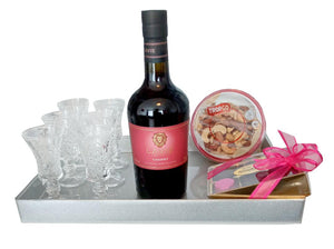 CHERRY LIQUEUR WITH SIX LIQUEUR GLASSES, NUTS AND CHOCOLATES WITH A LUXURIOUS TRAY. DEAL FOR ANY OCCASION AND CELEBRATION INCLUDING PURIM, ENGAGEMENT, SHEVA BRACHOT, AUFRUF. GIFT WRAPPED . DELIVERED LONDON AND UK.