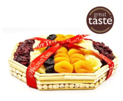 LUXURY KOSHER HAMPER FOOD BASKET WITH THREE BOTTLES OF FINE FRENCH WINES. ALMOND ROCHERS, DRIED FRUITS, NUTS AND CHOCOLATES. A FLOWER SPRAY OR ROSE STEM. A UNIQUE EXQUISITE KOSHER GIFT THAT'S ONE OF A KIND. VEGAN AND GLUTEN FREE HAMPER.