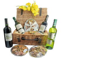 ROSH HASHANA KOSHER HAMPER & CORPORATE GIFTS. GLUTEN FREE & VEGAN HAMPER WITH FRENCH BORDEAUX AND SAUVIGNON WINE, ASSORTED NUTS AND DRIED FRUITS PLATTER WITH A FLOWER OF YOUR CHOICE. GIFT WRAPPED WITH RIBBONS AND BOW. DELIVERED TO LONDON AND THE UK