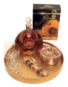 KOSHER HAMPER. PURIM, MAZEL TOV, AUFRUF SLIVOVITZ LUXURY BRANDY 7 YEARS IN A GIFT BOX WITH BRANDY CRYSTAL GLASSES, CHOCOLATES AND NUTS IN A ROUND TRAY (COLOUR OF YOUR CHOICE) AND A ROSE. VEGAN & GLUTEN FREE GIFT. DELIVERED FREE THROUGHOUT THE UK!