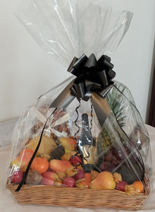Kosher Luxury Exquisite Large Fresh Fruit, French Wine Basket Including Gevrey-Chambertin Premier Cru  & Nuts. Gift Basket With Various Flower Sprays To Choose From. Gift Wrapped With Ribbons And Bow. Delivered Golders Green, Hendon, Mill. London