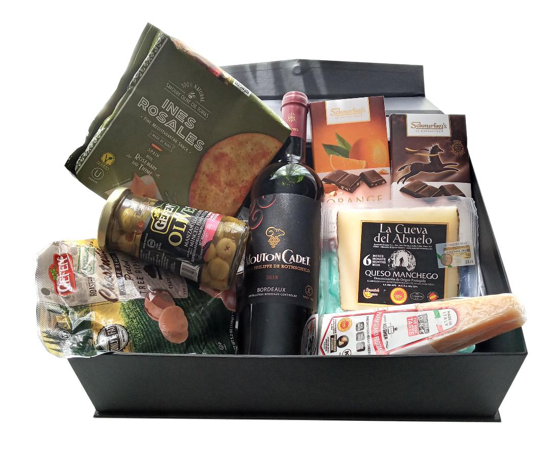 Luxury Kosher Gift Box. Cheese & Wine Food Gift With Fine French Wines Including Chateauneuf Du Pape In A Reusable Magnetic Closing Gift Box. Ideal For Shabbat, Purim, "Refuah Shelemah", "Thank You", Shiva, Corporate Gifts.