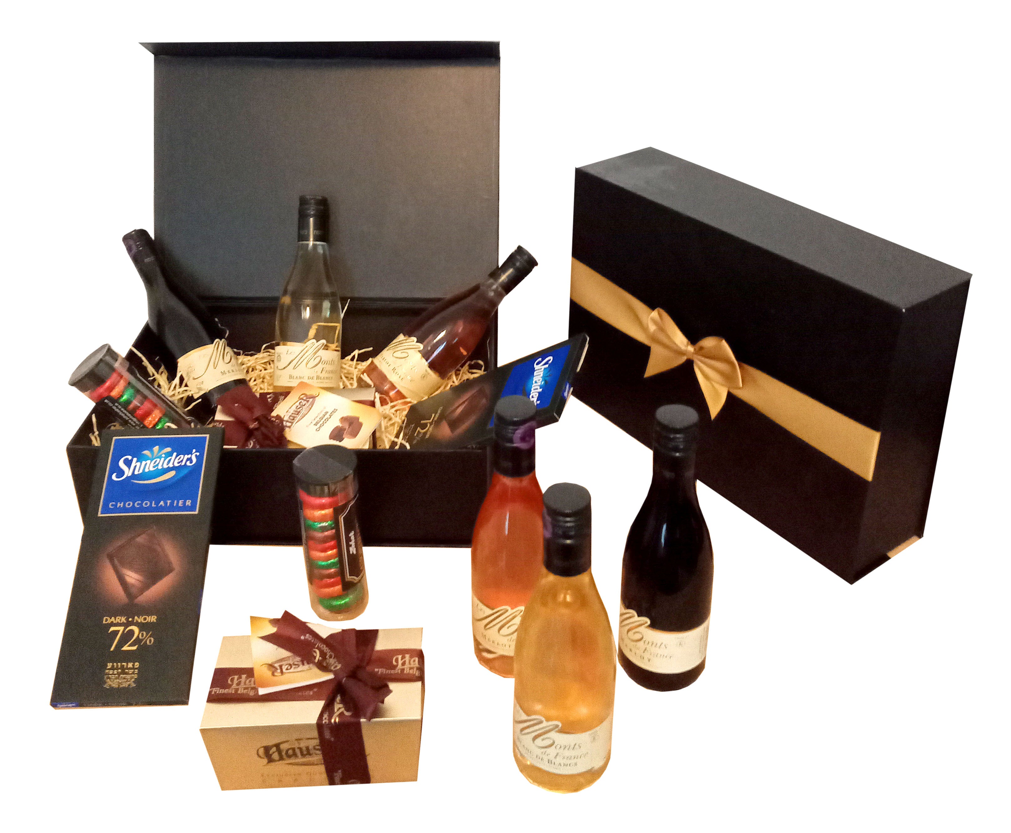 Kosher Wine And Chocolate Gift For Any Occasion. Corporate Gift. French Wines, Symphony Chocolates, Zohar Cremes And 72% Cocoa Bar In A Reusable Magnetic Closing Gift Box. Gift Wrapped And Delivered To London, Manchester & Throughout The UK