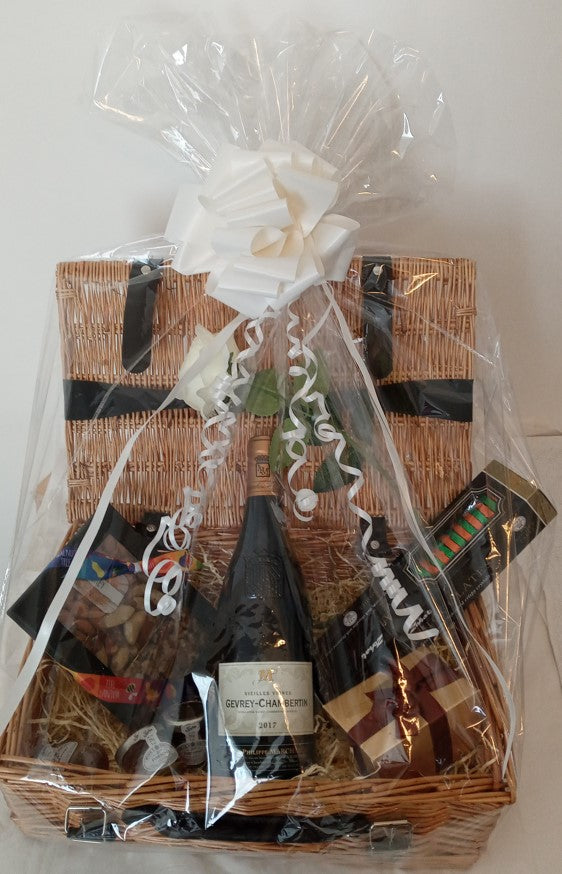 KOSHER LUXURY HAMPER WITH GEVREY-CHAMBERTINE BURGANDY PREMIER CRU WINE OR CHATEAUNEUF DU PAPE OR LAURENT-PERRIER BRUT CHAMPAGNE. IDEAL FOR PURIM, MAZAL TOV, EXQUISITE GIFT FOR ANY OCCASION. CORPORATE GIFT. CREME DE LA CREME PRESTIGIOUS WINE GIFT.