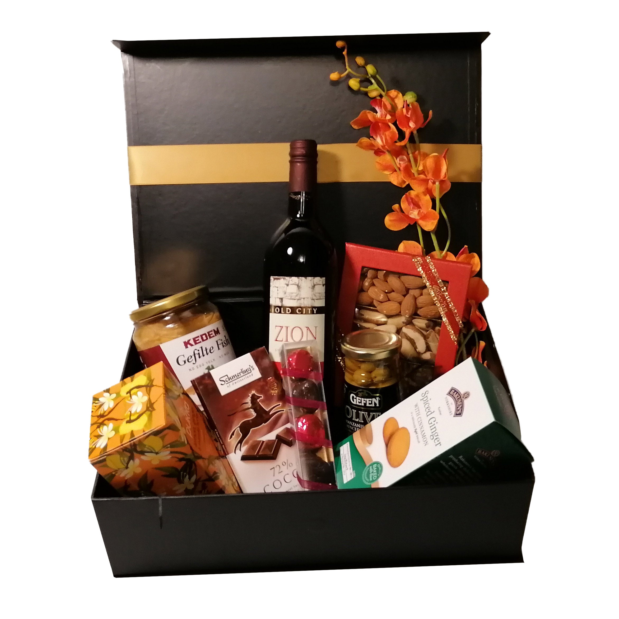 Shabbat. Traditional Shabbat Gift Box With French Wine, Grape Juice or Kiddush Sweet Wine. Gefilte Fish, Biscuits, Olives, Chocolates. A Traditional Shabbat Gift In A Stylish Reusable Gift Box With A Magnetic Closing Lid. Delivered Throughout The UK