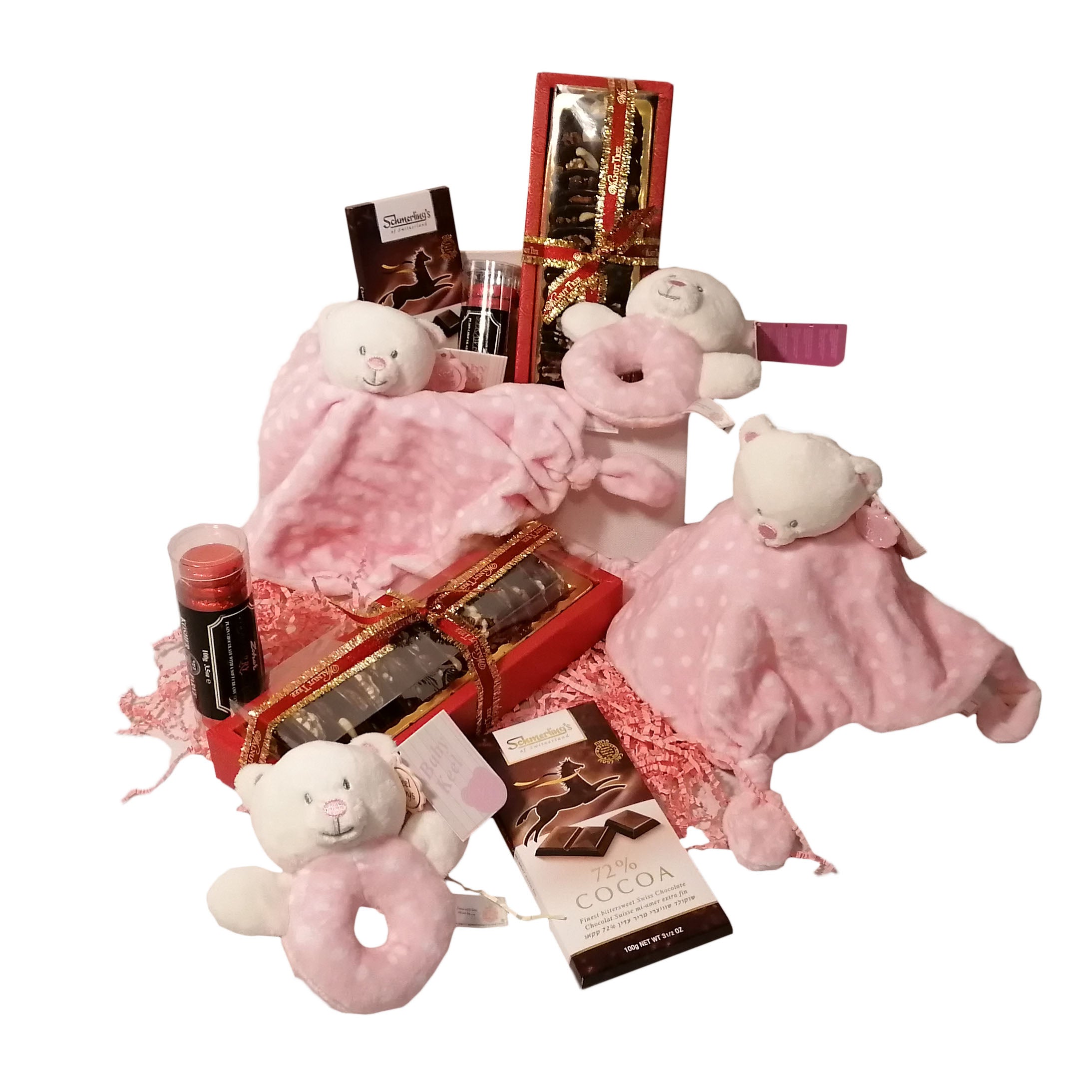 Congratulations, it’s a girl:  New Baby Girl Gift Set: Rattle & Comforter, Chocolates, Nuts & Mints