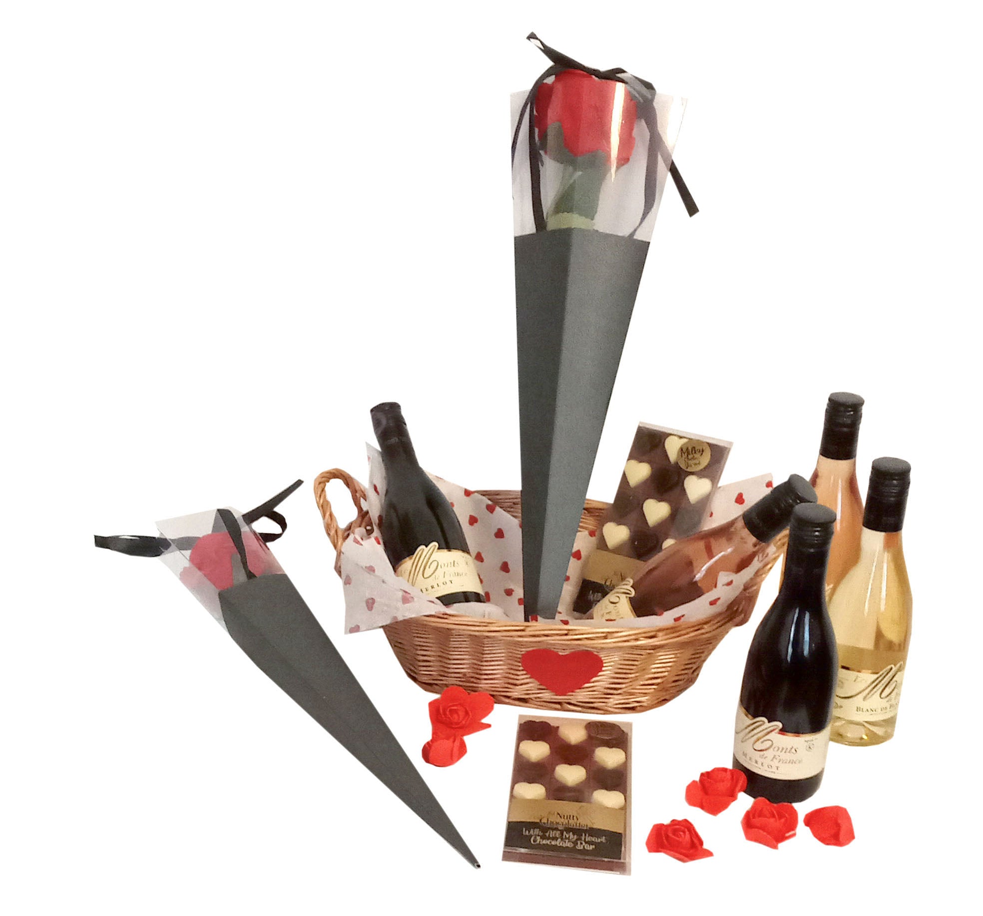 LOVE GIFT WITH CHOCOLATE HEARTS, FRENCH WINES AND A RED ROSE IN A GIFT BOX CONE. GIFT WRAPPED WITH RIBBONS AND BOWS.  DELIVERED THROUGHOUT THE UK. KOSHER