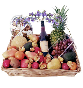 Kosher Luxury Exquisite Large Fresh Fruit, French Wine Basket Including Gevrey-Chambertin Premier Cru  & Nuts. Gift Basket With Various Flower Sprays To Choose From. Gift Wrapped With Ribbons And Bow. Delivered Golders Green, Hendon, Mill. London