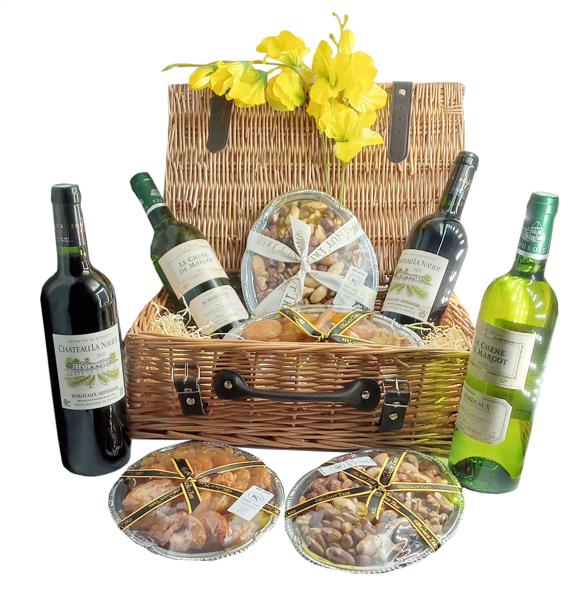 ROSH HASHANA KOSHER HAMPER & CORPORATE GIFTS. GLUTEN FREE & VEGAN HAMPER WITH FRENCH BORDEAUX AND SAUVIGNON WINE, ASSORTED NUTS AND DRIED FRUITS PLATTER WITH A FLOWER OF YOUR CHOICE. GIFT WRAPPED WITH RIBBONS AND BOW. DELIVERED TO LONDON AND THE UK