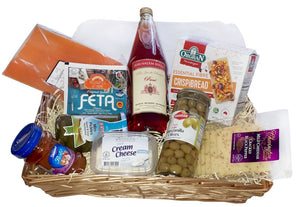 SHAVOUTH Kosher Gluten Free Gift Basket With Grape Juice Or French Wine, Smoked Salmon, Cheese, Olives, Cocktail Gherkins, Pesto And Crackers. A Treat That Will Be Appreciated By The Recipient. Delivered to Golders Green, Hendon, Finchley, Hampstead, Etc.