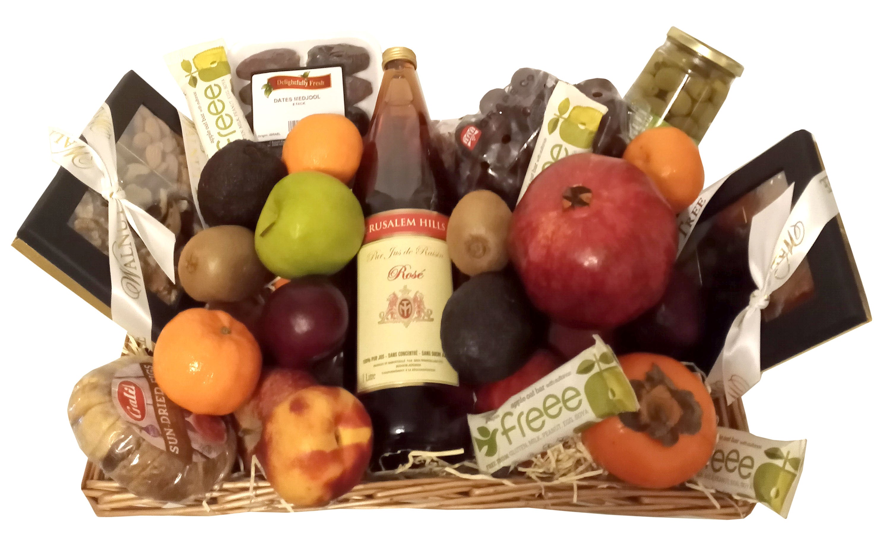 Kosher Gluten Free Deluxe Basket. Kosher Fruit Gift Basket with Grape Juice Or French Wine, Pomegranate, Dates, Olives, Grapes, Dried Fruits, Nuts, Fresh Fruit. Delivered to Hendon, Golders Green. London