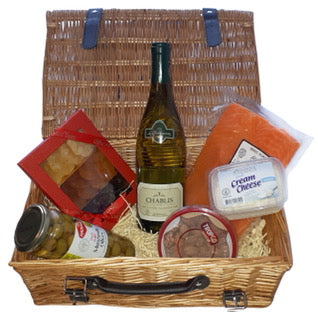Shana Tova Gluten Free and Kosher Savoury Hamper Gift Wrapped. With Chablis French Wine, Smoked Salmon, Cream Cheese, Olives, Assorted Nuts & Dried Fruits. Delivered To Golders Green, Hendon & Surrounding Areas. Delivered in London