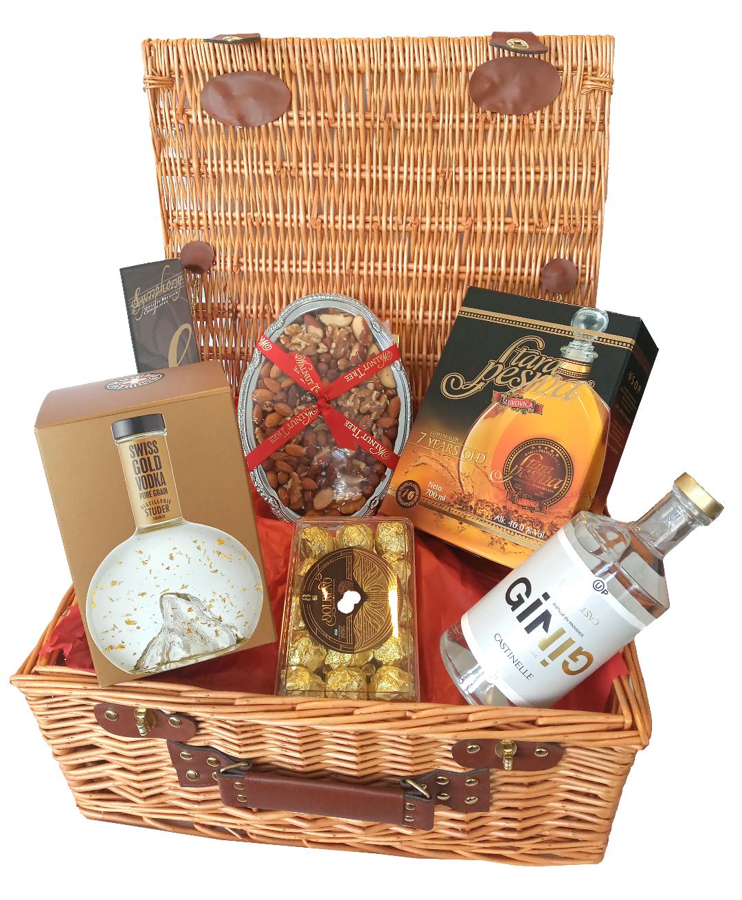 LUXURY 18" WICKER HAMPER WITH KOSHER SWISS GOLD VODKA, GINO CASTINELLE GIN, SLIVOVITZ BRANDY, ASSORTED NUTS, LUXURY CHOCOLATES AND MINTS. A DELIGHTFUL GIFT WITH VODKA, GIN AND BRANDY. FREE DELIVERY NATIONWIDE