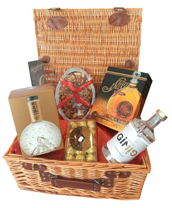 LUXURY 18" WICKER HAMPER WITH KOSHER SWISS GOLD VODKA, GINO CASTINELLE GIN, SLIVOVITZ BRANDY, ASSORTED NUTS, LUXURY CHOCOLATES AND MINTS. A DELIGHTFUL GIFT WITH VODKA, GIN AND BRANDY. FREE DELIVERY NATIONWIDE
