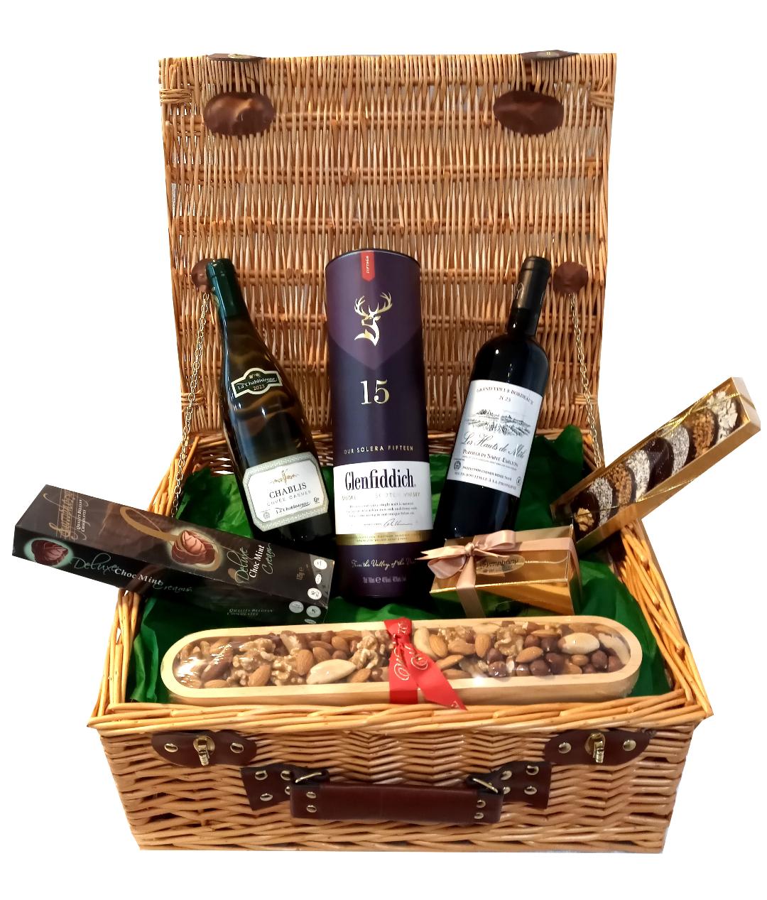 LUXURY 18" SUPERIOR HAMPER WITH WHISKY AND FINE FRENCH WINES, CHOCOLATES, NUTS, MINT CREAMS AND CHOCOLATE DISCS WITH TOPPINGS. GIFT WRAPPED WITH LARGWE BOW AND RIBBON. ROSH HASHANA, CORPORATE GIFTS, AUF RUF, MAZEL TOV. DELIVERED NATIONWIDE