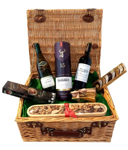 LUXURY 18" SUPERIOR HAMPER WITH WHISKY AND FINE FRENCH WINES, CHOCOLATES, NUTS, MINT CREAMS AND CHOCOLATE DISCS WITH TOPPINGS. GIFT WRAPPED WITH LARGWE BOW AND RIBBON. ROSH HASHANA, CORPORATE GIFTS, AUF RUF, MAZEL TOV. DELIVERED NATIONWIDE