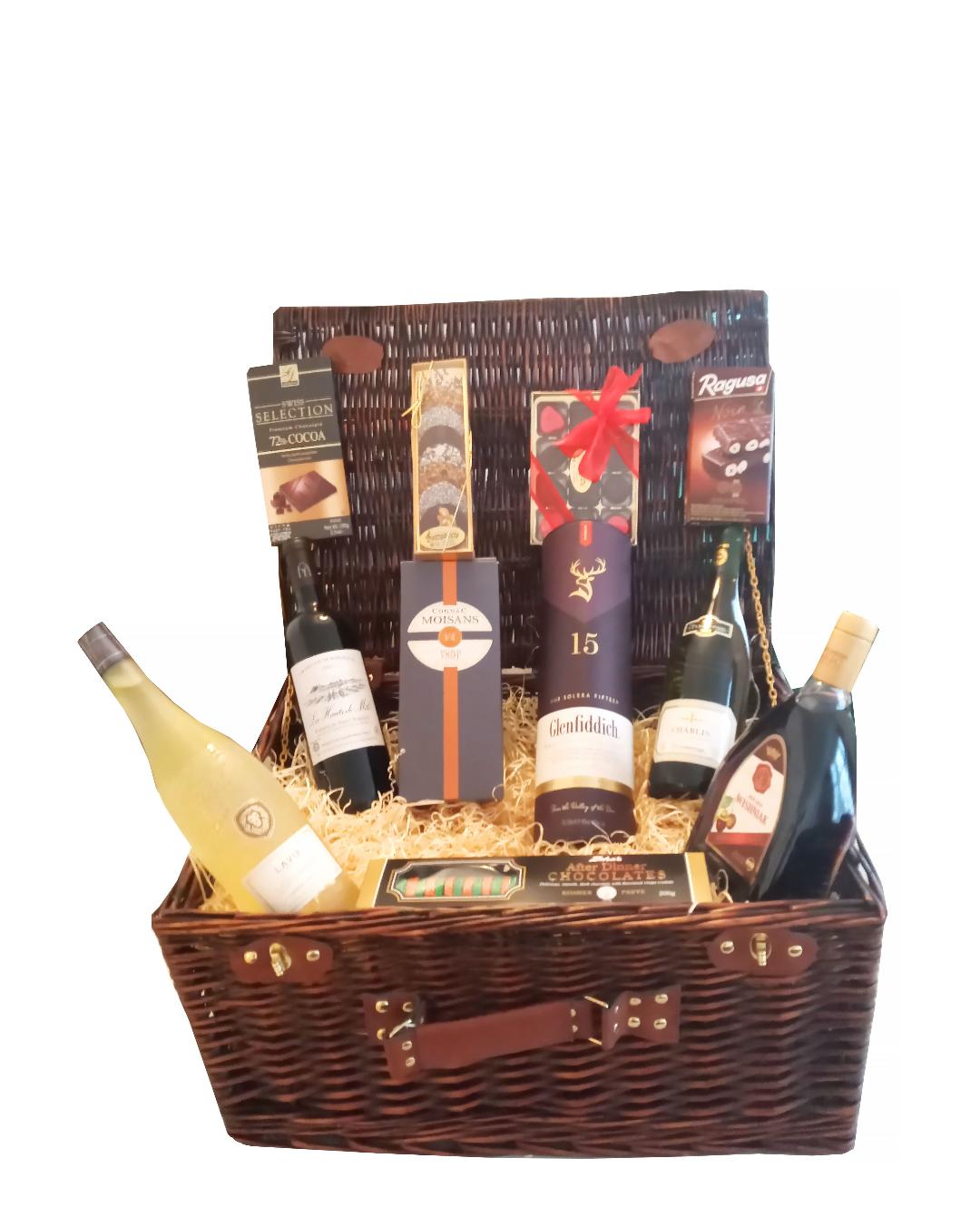 Luxury Extra Large Superior Hamper With Cognac Moisans VSOP, Glenfiddich 15, Chablis, Les Hauts De Mole, And Lemoncello And Wishniach Liquers With Chocolates, Nuts And After Dnner Discs. A Lavish Hamper that Is One Of A Kind. Free Delivery  London.
