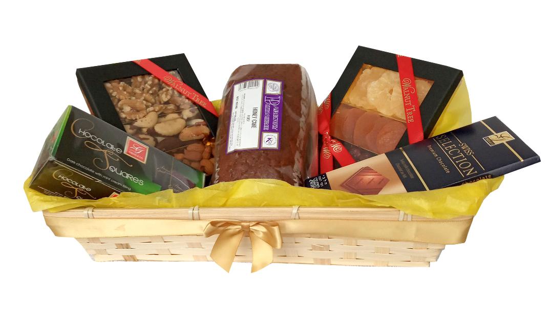 Shana Tova, Corporate And Shiva Gift Basket With Honey Cake, Assorted Nuts, Dried Fruits, Mint Squares And 72% cocoa Chocolate Bar. Free Delivery UK.