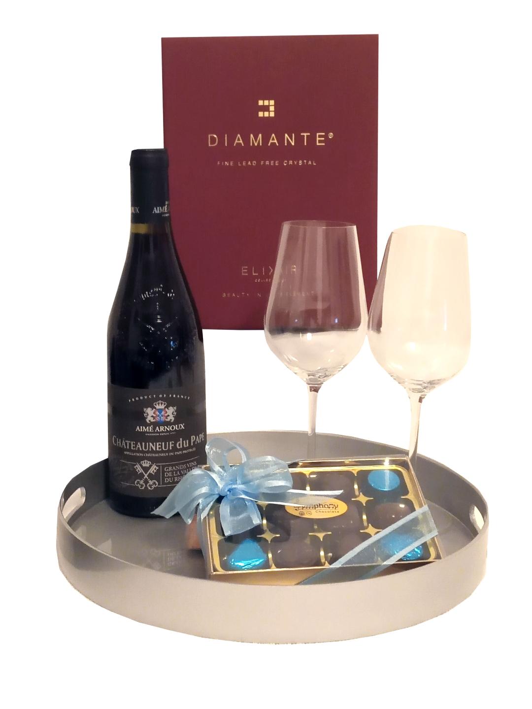 Luxury Kosher Chateauneuf du Pape Wine, Crystal Wine Glasses And Chocolates With A Round Metallic Reusable Tray. Ideal for Aufruf, Mazel Tov, Shabbat, Purim And For All Occasions)  Gift Wrapped and Delivered Throughout The UK.