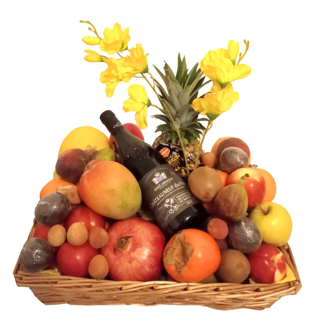 Fruit Basket Extra Large With 14 Varieties Of Fruits. Choice Of French Wine Or Liqueur. Beautifully Presented With A flower Spray Or Rose Stem.  Ideal for Purim, Shabbat And Any Occasion. Free Delivery London