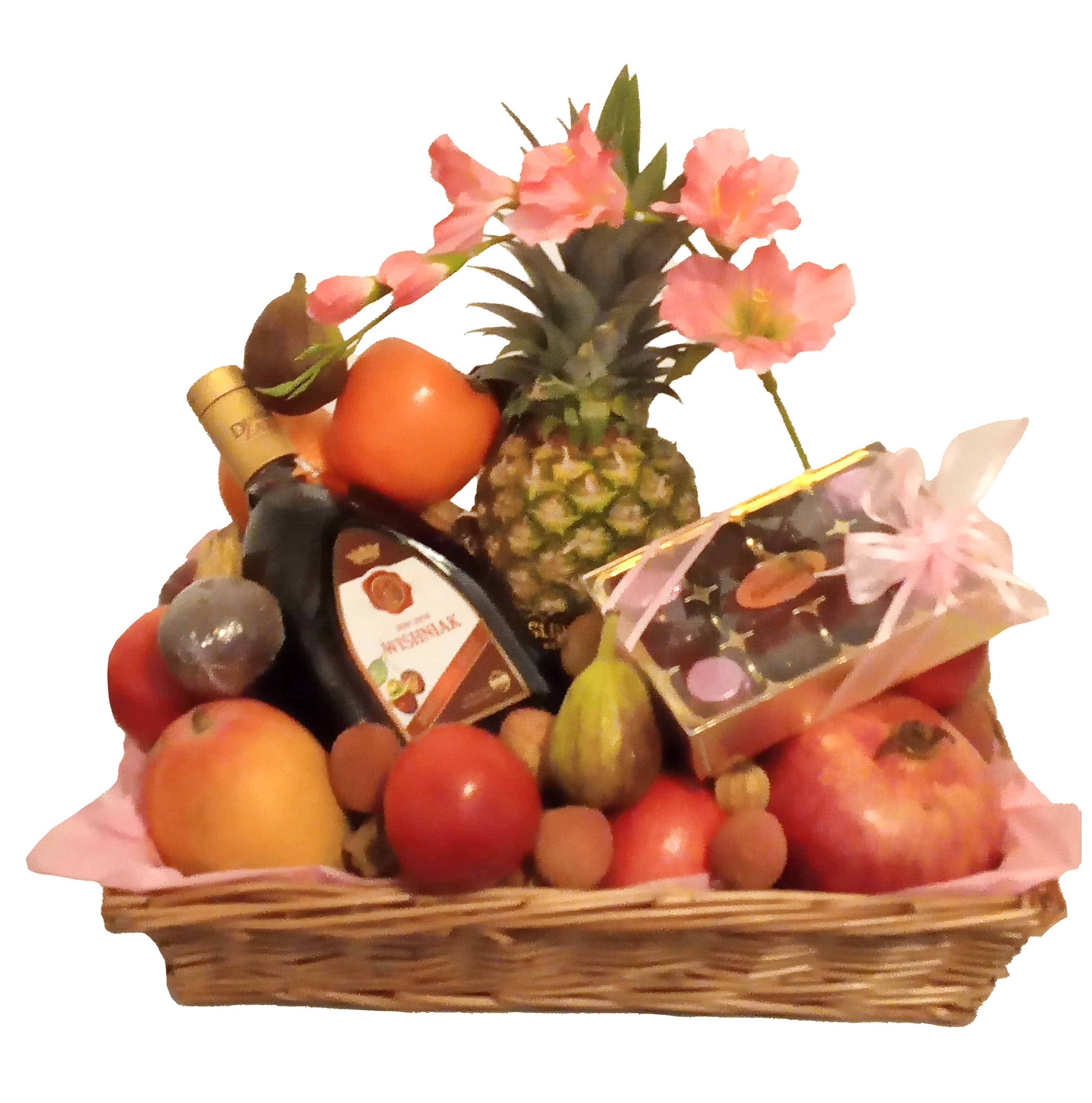 Purim Mishloach Manot Luxury Fruit Basket With Wine Or Liqueur And Chocolates. A Delighful Unique Fruit Basket With Choice Of  A Flower Spray Or A Rose Stem.  Ideal For Anniversaries, Mazal Tov, Purim And For Any Occasion. Free Delivery London