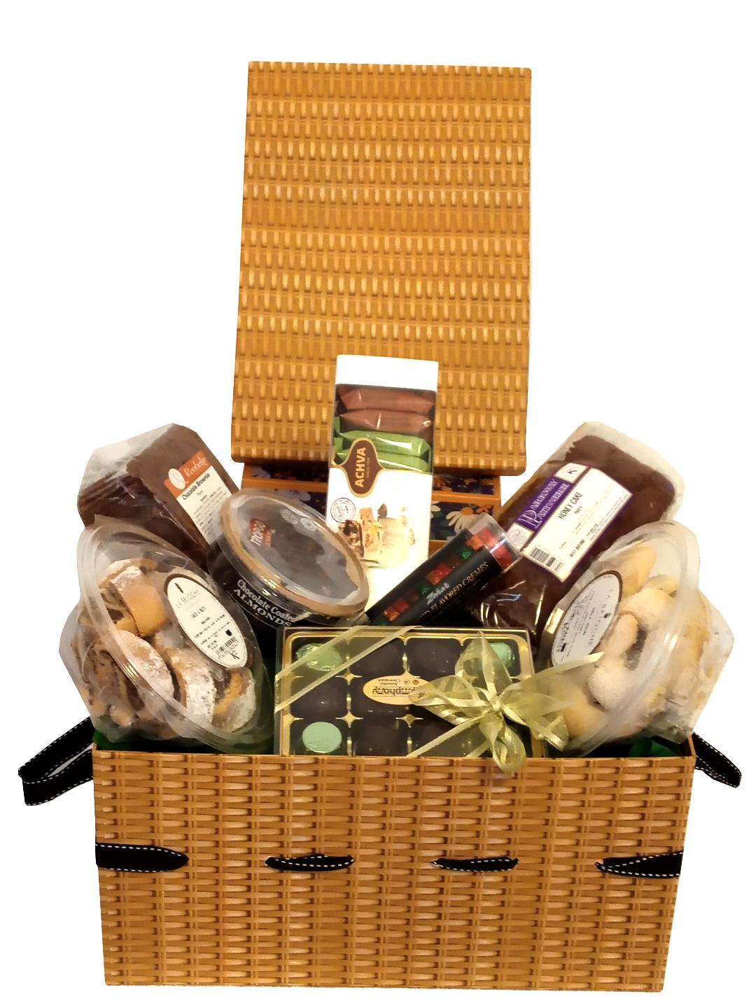 LUXURY KOSHER HAMPER BOX WITH FRESHLY BAKED KEDASSIA CAKE AND BISCUITS, ASSORTED HALVAS, LUXURY CHOCOLATES, NUTS AND CREMES. IDEAL FOR ANY OCCASION. PURIM, MAZEL TOV, SHABBAT, CHANUKAH, CORPORATE GIFTS, SHIVA.  DELIVERED LONDON & UK