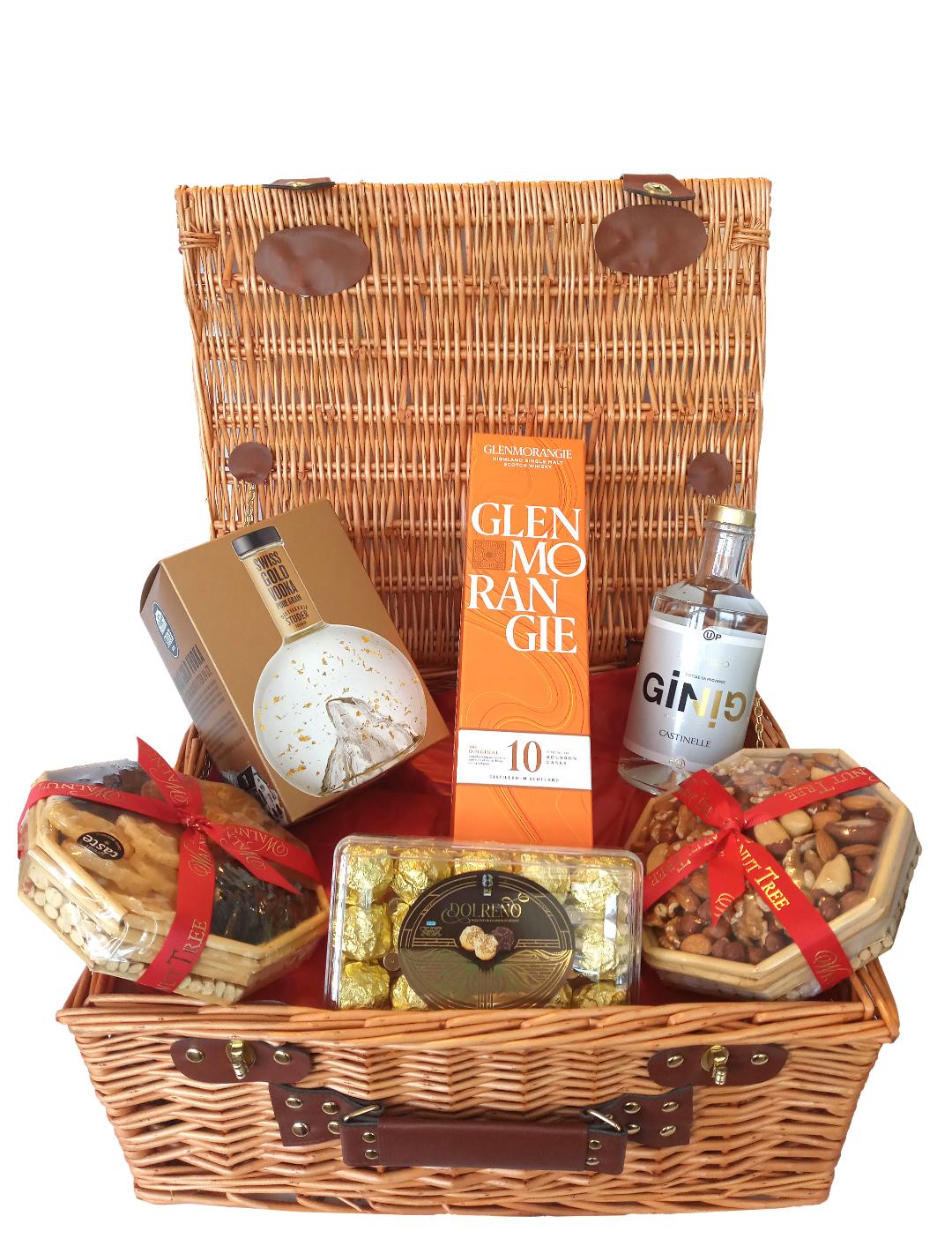 LUXURY KOSHER GIFT HAMPER WITH GOLD VODKA WHISKY AND GIN PLUS LUXURY CHOCOLATES, ASSORTED NUTS AND DRIED FRUITS. GIFT WRAPPED. FREE NATIONWIDE DELIVERY UK