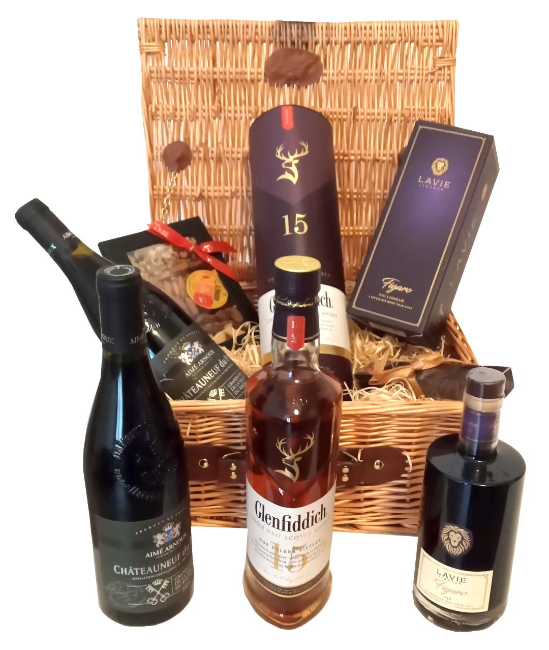 Purim Kosher Exquisite Gift. A Luxury Extravagant Hamper Gift With Figaro Fig Liqueur, Glenfiddich 15 Single Malt Whisky, Chateauneuf Du Pape Exquisite Wine, Assorted Nuts And Chocolates. A Gift For Purim, Corporate Gifts & Mazel Tov. Delivered UK