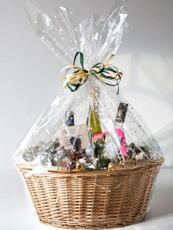 Wicker Shopping  Basket with Chablis Wine, Nuts, Cremes, Dried fruits, Honey And Halva. Kosher, Gluten Free And Vegan. Free Delivery UK