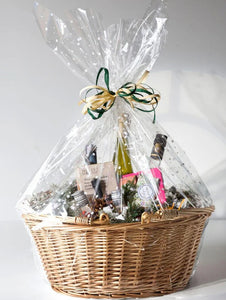 Wicker Shopping  Basket with Chablis Wine, Nuts, Cremes, Dried fruits, Honey And Halva. Kosher, Gluten Free And Vegan. Free Delivery UK