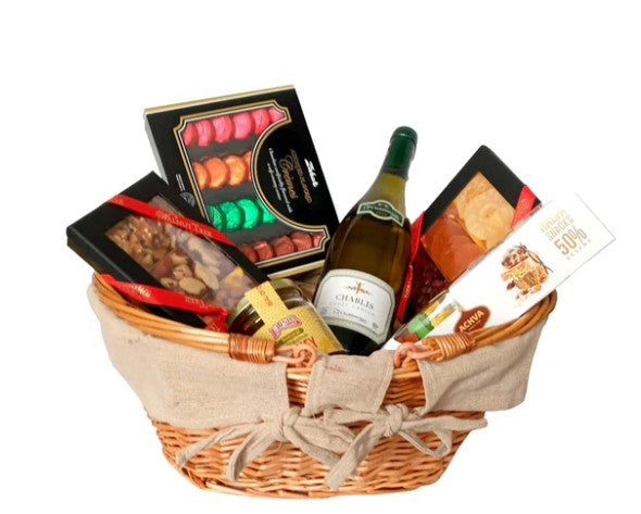 Wicker Shopping  Basket with Chablis Wine, Nuts, Cremes, Dried fruits, Honey And Halva. Kosher, Gluten Free And Vegan. Free Delivery UK