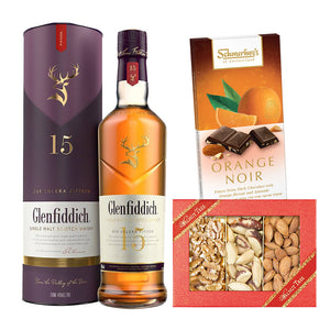 Glenfiddich Single Malt 15-Year-Old Whisky Gift With Nuts And Chocolates. Ideal For Purim M ishloach Manot. All Year Round Gift. Kosher. Corporate Gifts, Free Delivery Throughout UK