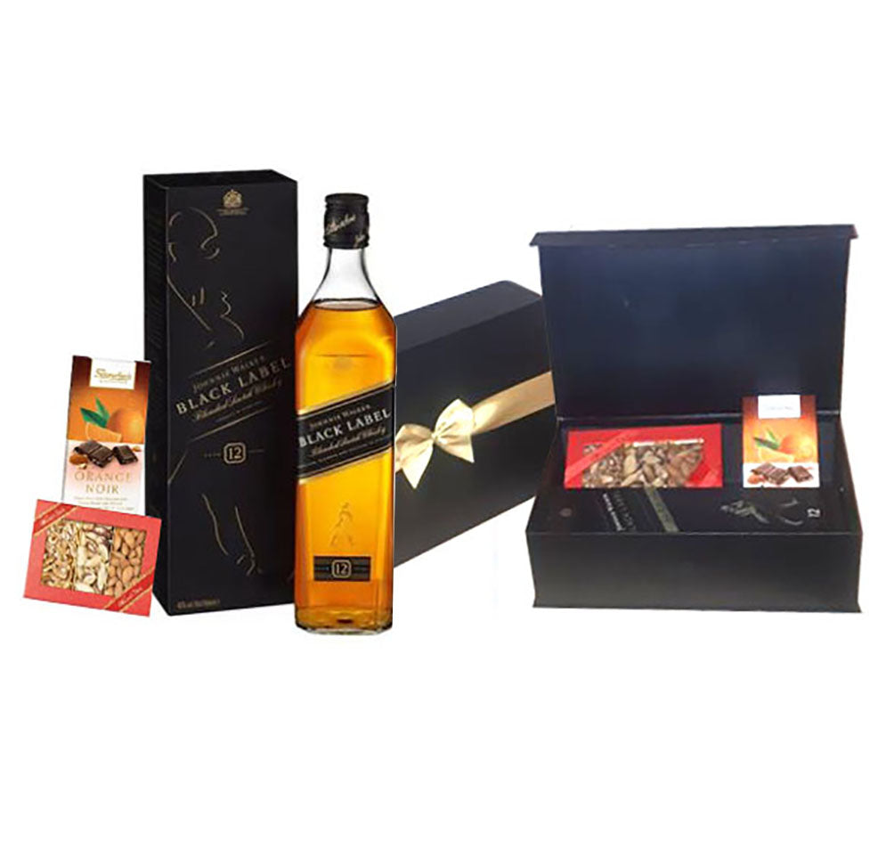 Johnnie Walker Black Label 12 Year Old Whisky Gift Box With Nuts And Chocolate. Kosher, Gluten Free & Vegan. PURIM, BIRTHDAY, CHANUKAH, CORPORATE GIFTS, AUFRUF, SHEVA BRACHOT.  FREE STANDARD DELIVERY THROUGHOUT THE UK