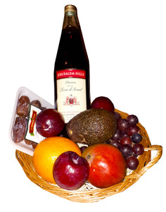 Kosher Fruit Basket With Jerusalem Hills Grape Juice For Thank You, Shiva Gift, Best Wishes And for Any Occasion.  Fresh Fruits and Dates in a Gift Wrapped Wicker Basket. FREE Standard Delivery Golders Green, Hendon, London.